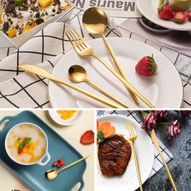 VOICEPTT Juego de cubiertos de acero inoxidable de 24 piezas, Tenedor, Cuchara, Cuchillo, Set de cubiertos para 6 personas, Aptas para el lavavajillas (Oro)