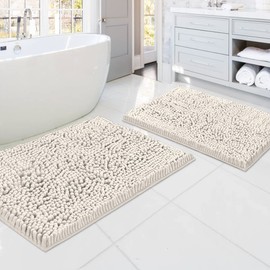 H.VERSAILTEX Bathroom Rugs, Bath Mats Non Slip Luxury Chenille Extra Soft Absorbent Shaggy, Washable Fast Dry Sets 2 Piece for Bathroom (Ivory, 20" x 32"/17" x 24")