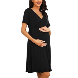 Bresdk Nursing Nightdress Women's Nightdress with Nursing Function Maternity Dress Nightdresses for Pregnant Women, Black short sleeve