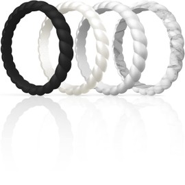 Saco Band Silicone Ring for Women - 3mm Width 2.5mm Thick (Black, Pearl Silver A, Silver A, Marble- Size 9.5-10 (19.80mm))