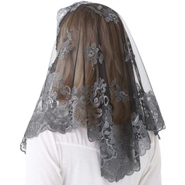 Spanish Mantilla Grey Chaple Veil Christian Prayer Head Covering Catholic Church Sunday Mass Veil (Grey&Black)
