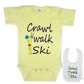 Crawl Walk Ski -Cute Snow Skiing winter sports Baby bodysuit onesie & bib Set