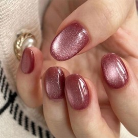 Xenophoer Cat Eye Press on Nails Short Oval Ruby Purple Fake Nails Acrylic Glue on Nails with Silver Glitter Designs Nails Press ons for Women Daily Wear 24 Pcs