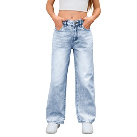 MakeMeChic Girl's Denim Pants High Waisted Straight Leg Jeans with Pockets Light Wash 10-11Y