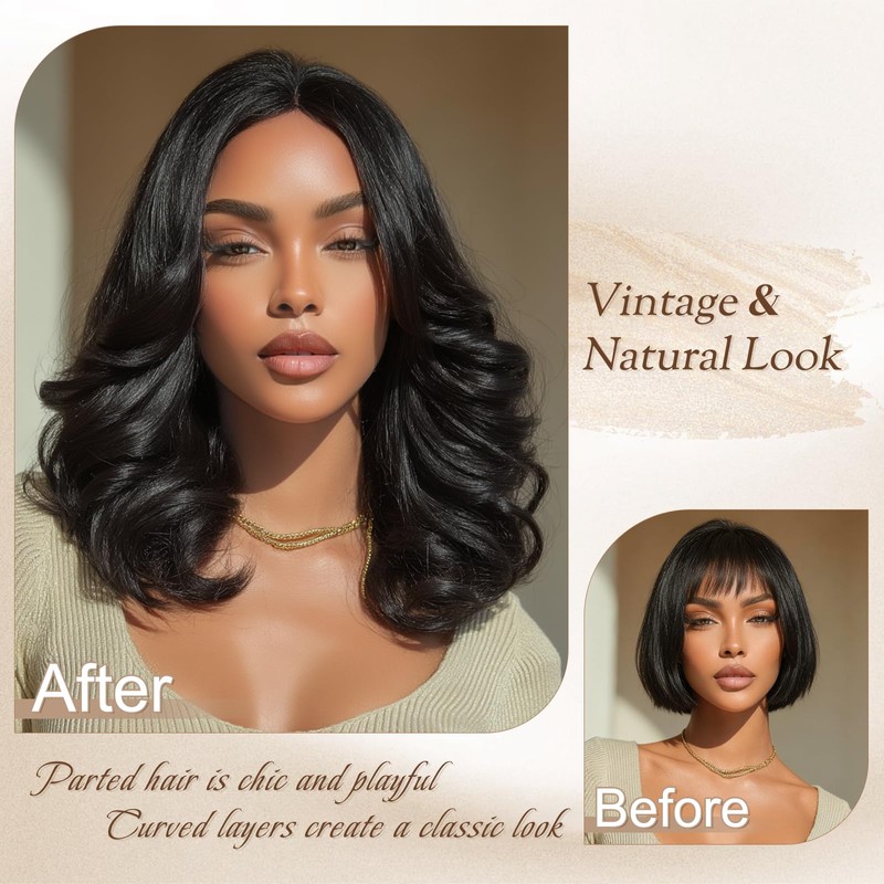 Sidaila 14 Inch Middle Part Wavy Wig for Women, Black