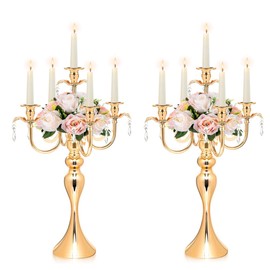 2PCS Gold 5-Arm Candelabra Centerpiece - 20.3" Tall Metal Candle Holder for Wedding, Party & Home Decor - Vintage Table Centerpiece for Events, Dining Room, Church Decorations