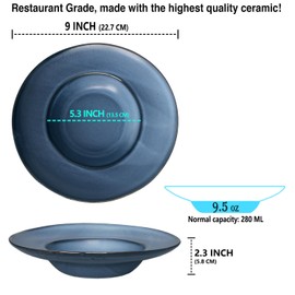 jinsongdafa Pasta Plates with Rim 9.5 oz, Soup Bowl Pasta Bowl Set of 2, Shallow Bowl Plate, Ceramic Wide Rimmed Soup Bowl, Best choice for high-end restaurants, hotels, and foodies,9 Inch Blue
