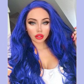 Blue Wigs for Women Lace Front Wig Long Wavy Dark Blue Frontal Lace Wig Natural Hairline Glueless Soft Synthetic Heat Resistant Fiber Hair Daily Cosplay Party Drag Queen Hand Tied Wig 22 Inches