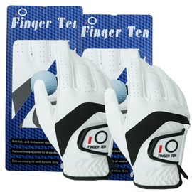 FINGER TEN Golf Gloves Men Right Handed Golfer Leather All Weather Grip Value 2 Pack, Mens Golf Glove Left Hand Soft Breathable Flexible for Golfers Size Small Medium ML Large XL (White, ML, Right)…