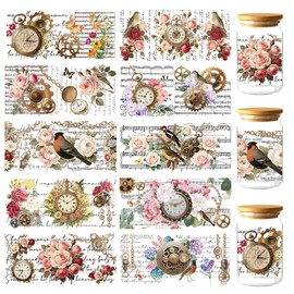 GOMAKERER 10 Blatt UV DTF Cup Wraps Mit Paris Erinnerungen, Vintage Blumen Vögel Rub On Transfer Aufkleber Wasserfest Transferaufkleber Cartoon Rub On Aufkleber Für Glas Tassen Holz Basteln