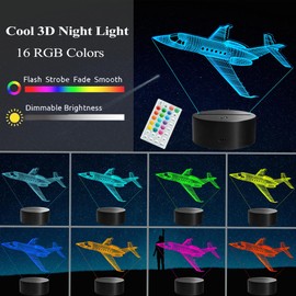 POSSHE Plane Night Light, Airplane Gifts for Boy, 3D Night Light with Remote Control, 16 Colors Changing, RGB Flashing Mode and Dimmable, Pilot Gifts for Boys Christmas Decor