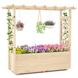 Giantex Raised Garden Bed with Sided Trellis & Hanging Roof, Wood Planter Box, Freestanding Garden Planter Raised Bed for Flowers Herbs Climbing Vines 45”x16”x41” (L x W x H)