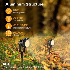 Romwish 120V LED Landscape Lights, 10W 120V Outdoor Landscape Lighting with Ground Spike, 3000K Warm White, IP65 Waterproof Outdoor Spotlight for Lawn, Garden, Yard, Flag Light (Pack of 6)