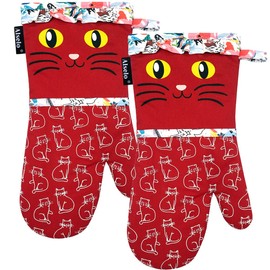 Alselo Oven Mitts, Heat Resistant with Soft Quilted Cotton Lining Set of 2, Fashion Animal Design with Silicone Printing Anti-Slip Kitchen Gloves for Safe Backing Cooking Barbecue (Red 2)
