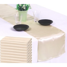 MDS 10 PCS Satin Table Runners 12 x 108 Inch Charmeuse Sateen Silk Table Runner for Indoor Outdoor Wedding Reception Birthday Graduation Party Event Banquet Dining Table Decoration - Cream