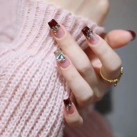 Press On Nails, Beauty Pattern Fake Nails, Summer Cute Stick on nails, Short Square Almond Ballet Shape Glue on Nails on 24PCs (Red French Diamond)