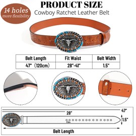 VASTRISE 2Pcs Western Cowboy Belt Gold & turquoise stone,Men Western Embossed Waist Strap PU Leather Belt with Bull Decoration,14 perforations Fit 28"-41"