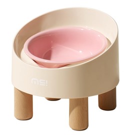 MS!MAKESURE Elevated Pet Bowl for Cats & Puppy, 8oz Spill Proof Modern Ceramic Raised Dog Kitty Food and Water Feeder with Wooden Stand, 8° Tilted Anti Vomiting, Whisker Friendly, Dishwasher Safe