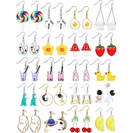 Hicarer 20 Pairs Cute Weird Earrings Funny Dangle Drop Earrings for Women Include Gummy Candy Bear Milk Goldfish Cartoon Fruits Flowers Animals for Christmas Birthday(Vivid Style)