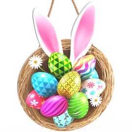 Happy Easter Wooden Hanging Sign Easter Wreath Decorations Easter Colorful Eggs Bunny Sign Door Decor Easter Decorations Easter Door Sign Plaque Easter Spring Wall Hanger Rustic Farmhouse Easter Decor