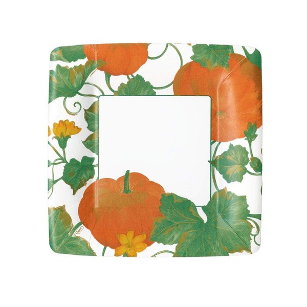 Caspari Heirloom Pumpkins Square Paper Salad & Dessert Plates in Ivory & Orange - 16 Count