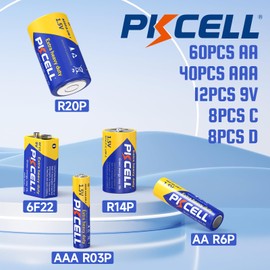 PKCELL 128 Counts Batteries Combo Pack, 60-Count AA Batteries, 40-Counts AAA Batteries, 8-Counts C Batteries, 8-Counts D Batteries and 12-Counts 9V Batteries for Household Electronics