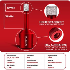 BAYERTAL® Fliesenbohrer Set 5tlg. 5, 6, 8, 10, 12 mm, M14 Premium – Diamantbohrer Set für harte Fliesen, Feinsteinzeug u.v.m - Industrie Premium Qualität für professionelle Ergebnisse!