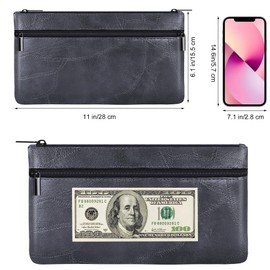 HAUTOCO Wallet Bank Bag PU Leather Textured Bank Folder with Zip 28 x 15.5 cm A5 Documents Two Pockets Money Folder for Business Household School, black