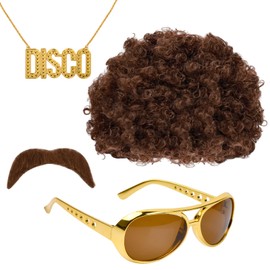 Emperoch 4 Pcs Hippie Costume Set, 60s 70s Disco Hippie Costume Accessories, Funky Brown Afro Wig, Moustache, Sunglasses, Necklace for Men & Women, Cosplay, Costume Theme Party