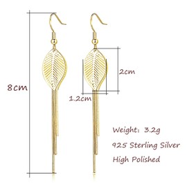 Deyanse Silver Long Earrings Hanging, 925 Sterling Silver Drop Earrings for Women, Hypoallergenic Drop Dangle Snake Chain Earrings, Long Tassel Earrings with Leaves/Crooked Diamond, Yellow Gold, No