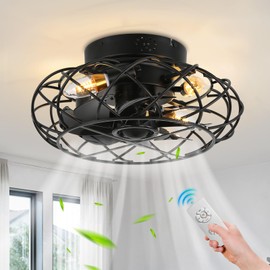 YYEHON Caged Ceiling Fan with Lights and Remote Control, Flush Mount Bladeless Chandelier Fan, 16.1" Low Profile Fandelier for Bedroom, Living Room, Kitchen