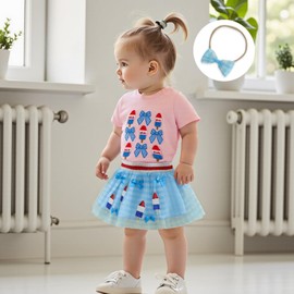 Amnnchya Toddler Baby Girl 4th Fourth of July Outfit USA Shirt Stars Memorial Tutu Skirt Set Little Girl Summer Clothes (Pink Bow Ice Cream, 2-3T)