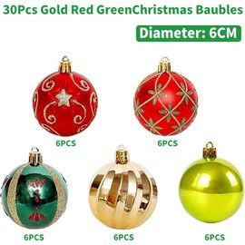 KAHEIGN 30Pcs Christmas Baubles, 6CM Gold Red Green Christmas Ball Ornaments Shatterproof Christmas Hanging Balls Sets for Christmas Tree Holidays Home Xmas Party Decoration (5 Styles)