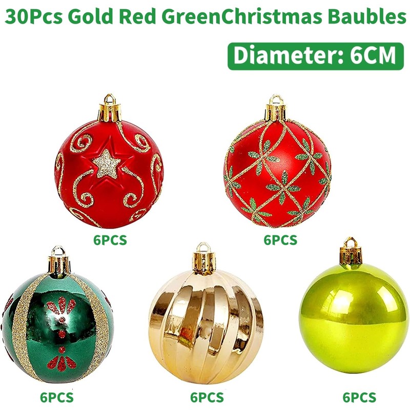 KAHEIGN 30Pcs Christmas Baubles, 6CM Gold Red Green Christmas Ball