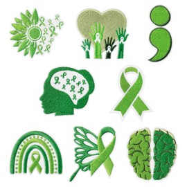 8Pcs Mental Health Awareness Iron on Patches Green Ribbon Semicolon Heart Rainbow Sew on Repair Embroidered Applique World Mental Health Day Suicide Prevention DIY Craft Gift for Clothing Backpack Hat