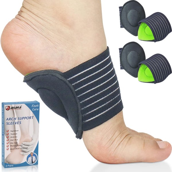 Ailaka 2 Pairs Arch Support Braces Compression Padded Plantar Fasciitis Braces for Pain Relief and Sore Flat Feet Heel Spurs (Black and Grey, One Size)