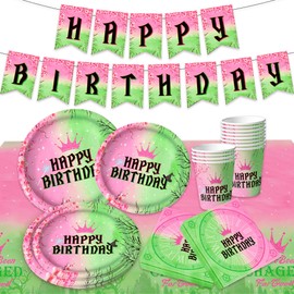 ADIOS TO MY 20S Pink and Green Party Decorations Pink Goes Good with Green Birthday Banner Plates Napkins Cups Tablecloth for Witch Birthday Party Supplies