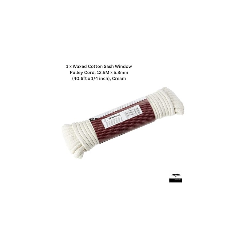 Waxed Cotton Sash Window Pulley Cord, 12.5M x 5.8mm, Cream