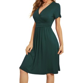 WEACZZY Sun Dresses for Women 2024 Short Sleeve Casual Wrap V-Neck Cocktail Party Dress for Women with Pockets,Dark Green,X-Large