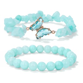GolbalJew Healing Crystal Stone Bracelets Aquamarine Bracelet for Women Blue Gemstone Beads Stretch Bracelet Butterfly Charms Jewelry Women Gift