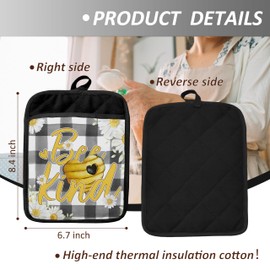 Gnome Bee Gifts Pot Holders with Pockets, Black Buffalo Plaid Bee Gnome Floral Pot Holders Heat Resistant Oven Mitts Hot Pads for Kitchen Baking Cooking