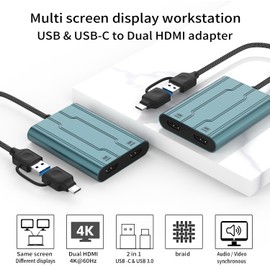USB C to HDMI Adapter Dual 4K 60HZ, USB 3.0 to Dual Monitor Adapter Ultra HD, Built-in DL6950 Chip, Extend Screen to Multiple Monitor TV Compatible with Windows,Mac OS,Android,Chrome OS