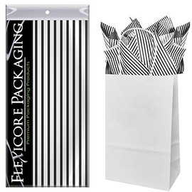 Flexicore Packaging White Kraft Paper Gift Bags & Black Gift Wrap Tissue Paper | Size: 5.25 Inch X 3.25 Inch X 8.25 Inch | Count: 50 Bags | Color: Black Pin Stripe