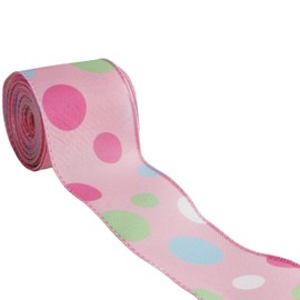 Meseey Easter Wired Edge Ribbon, Pastel Stripe, Spring Decoration for Wreaths, Crafts, Garlands, Gift Wrapping (Pink Polka Dot, 2.5 Inch)