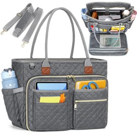 RAINSMORE Teacher Tote Bag 15.6 inch Laptop Bag for Women Large Laptop Tote Work Bag Nurse Bag Professional Computer Messenger Bag with Insulated Pocket, Briefcase for Office, College, Nursing, Grey