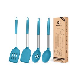 Pack of 4 Silicone Cooking Utensils Set, Non Stick Large Solid Spatulas, Heat Resistant Blue Slotted Spoons, Ideal BPA Free Kitchen Turners for Frying, Mixing,Serving,Draining,Turning,Stirring