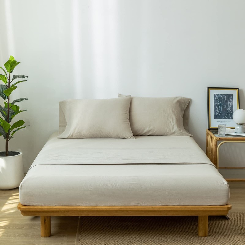 MooMee Bedding Sheet Set 100% Washed Cotton Linen Like Textured