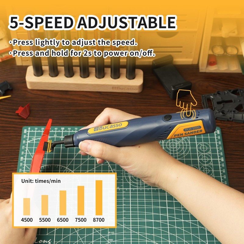 Bucasso Cordless Pen Sander, 5-Speed and USB Charging with LED