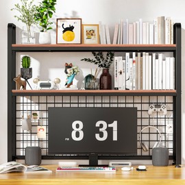HUATOL Desktop Bookshelf for Computer Desk, 2-Tier Multipurpose Wood Countertop Bookshelf, Multipurpose Freestanding Storage Rack Display Shelf for Office, Home Decor, Kitchen, Brown