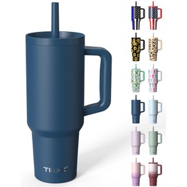 TILUCK 40 oz Tumbler with Handle, Vacuum Insulated Stainless Steel Travel Mug with 100% Leak-Proof Silicone Straw Lid, Cupholder Friendly Water Bottle(DarkBlue, 40oz)